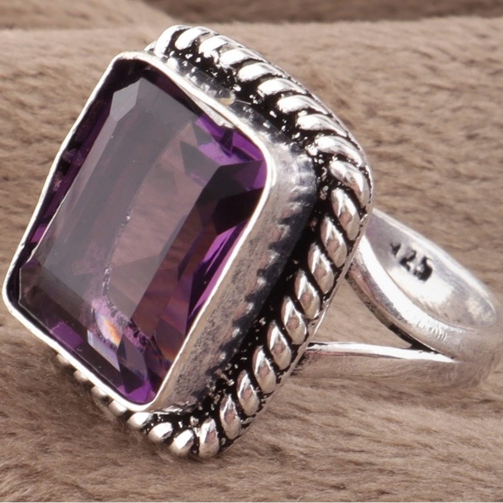 Large Square Purple Amethyst Solitaire Ring Set I… - image 2